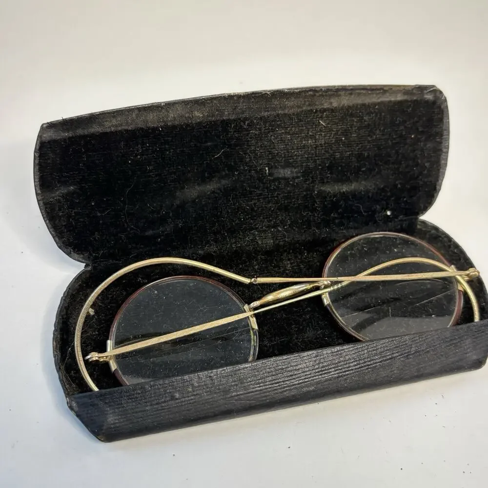 Antique 1/10 12K GF Horn Rim Eyeglasses Round Cable Temple Frames Case AS IS